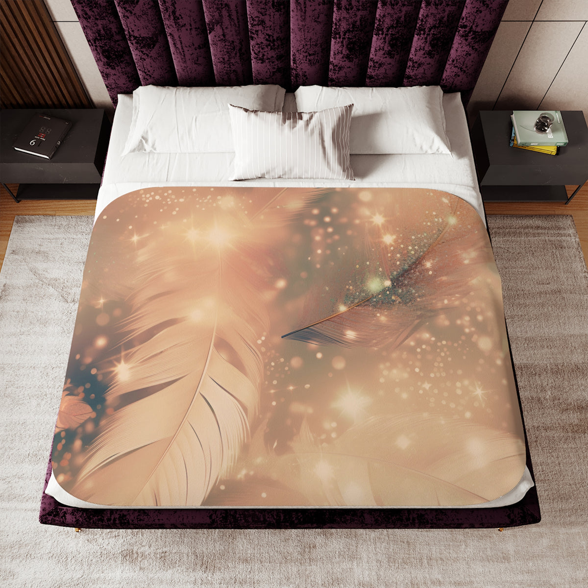 Featherlight Dream Sherpa Blanket — Cozy Beige Feather & Sparkle Throw