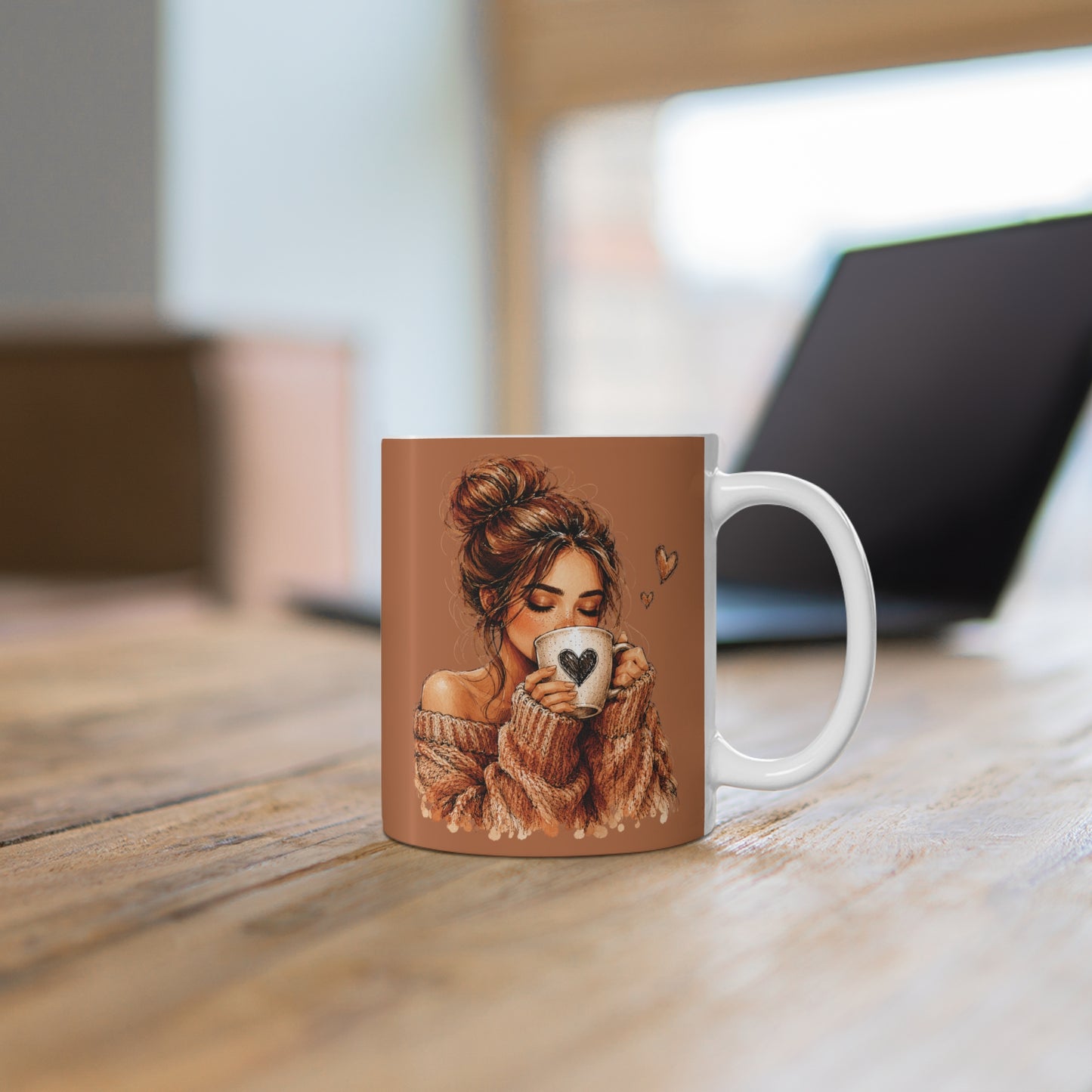 Cozy Latte Woman 11oz Mug — Warm Brown Coffee Cup with Heart Design