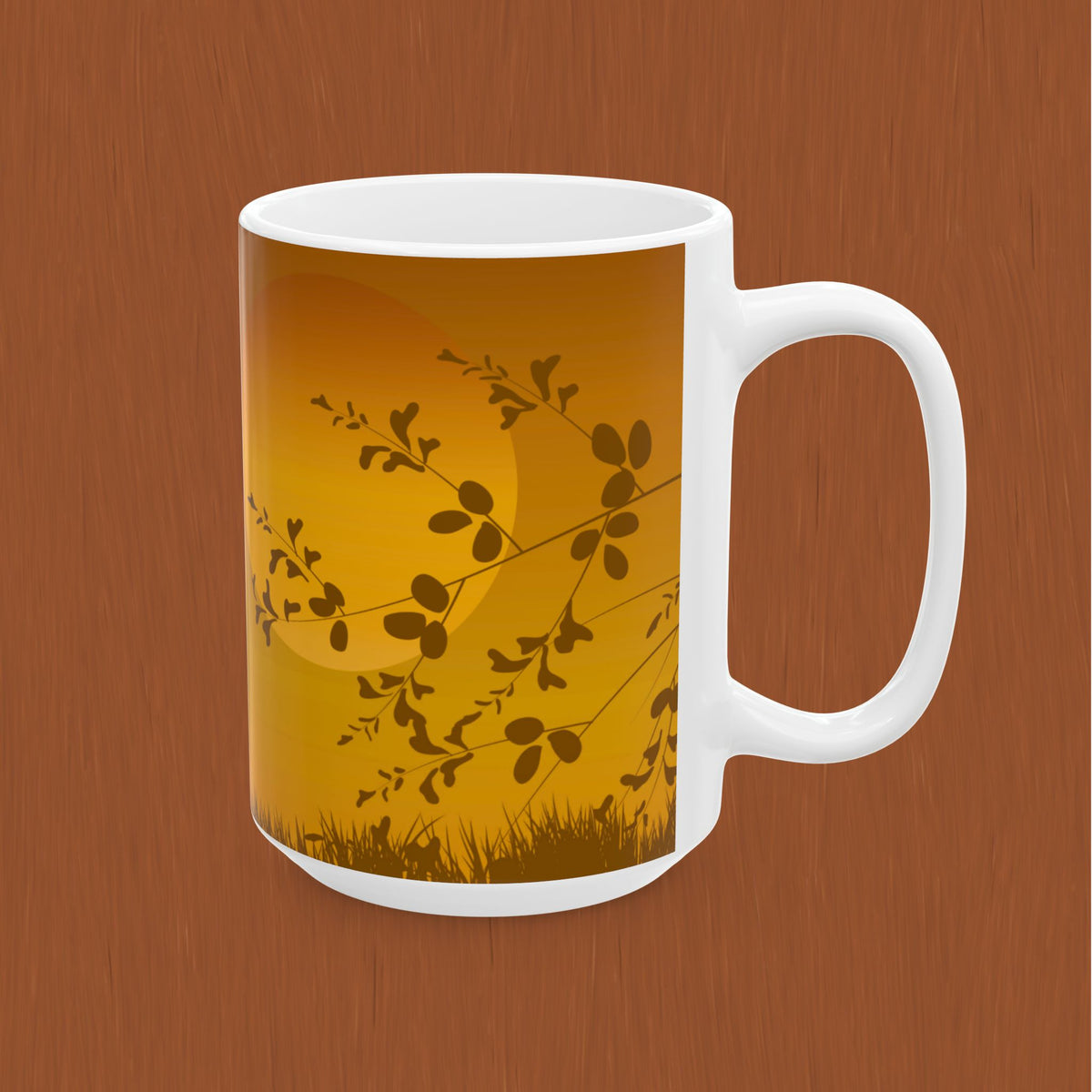 Sunset Meadow Ceramic Tea or Coffee Mug — Golden Sun & Silhouette Floral Design (11oz/15oz)