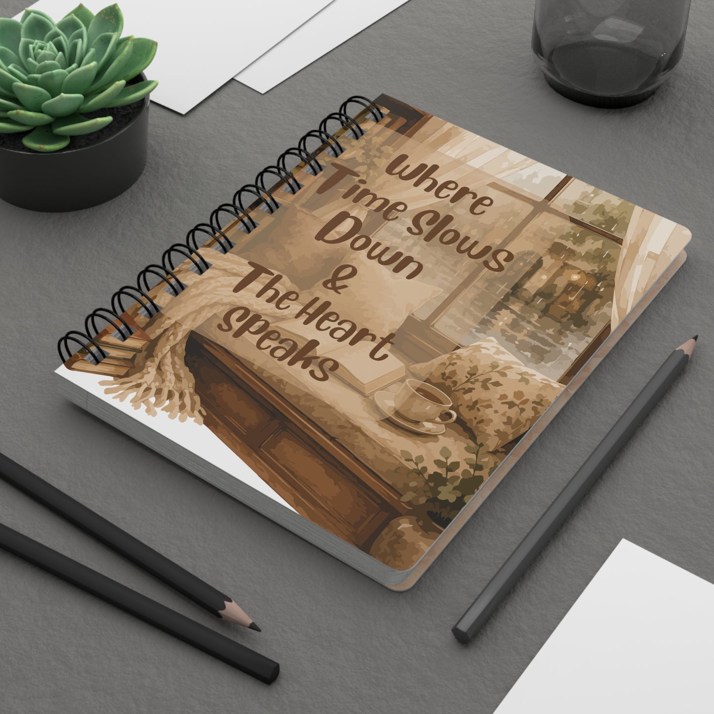 Spiral Notebook — "Where Time Slows Down & The Heart Speaks" Cozy Journaling Notebook