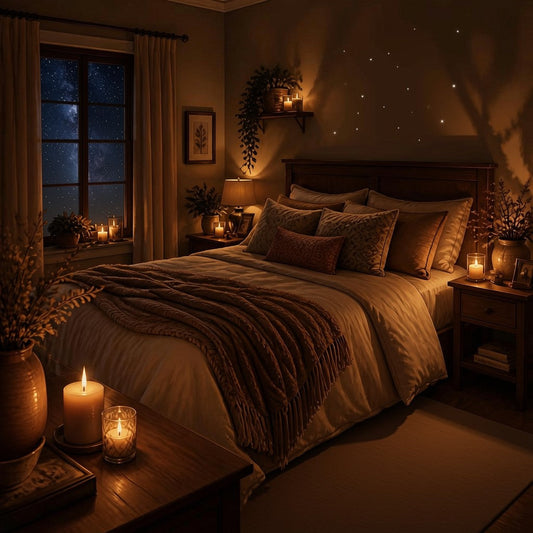 A cosy bedroom in warm brown colors, candlelight
