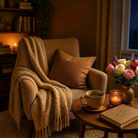 A cosy corner with a chair and blanket and a cup of herb tea and candle on the table