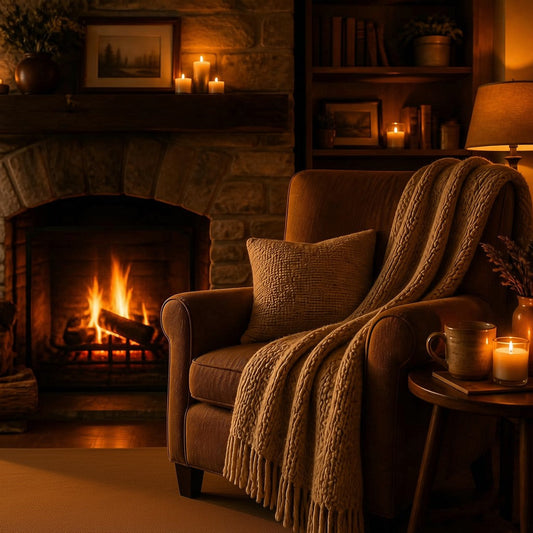 A cozy chair in front of a fireplace, candlelight, in warm brown colors