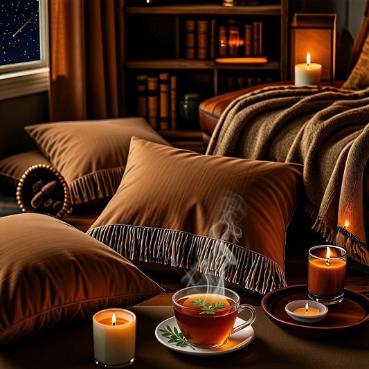 Cozy corner at home with pillows on the floor, candlelight and a cup of herb tea