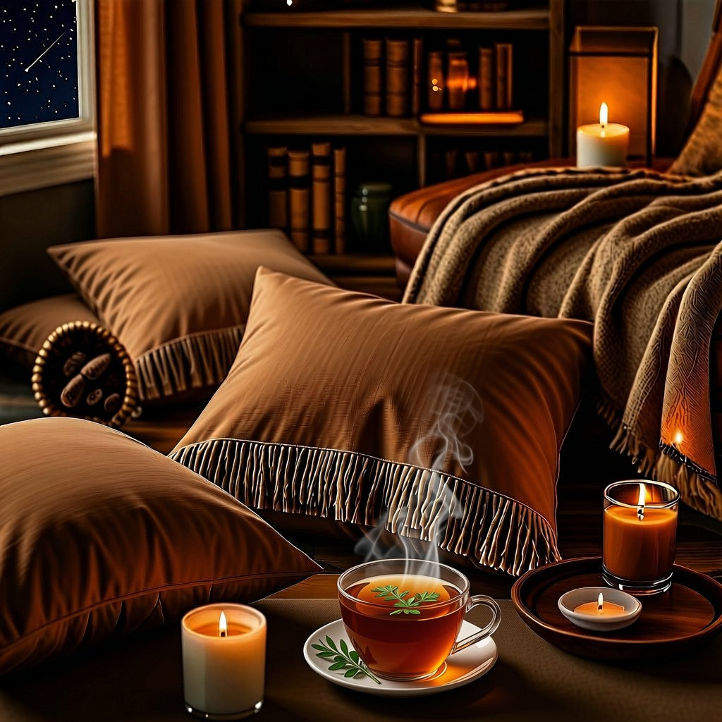 Cozy corner at home with pillows on the floor, candlelight and a cup of herb tea