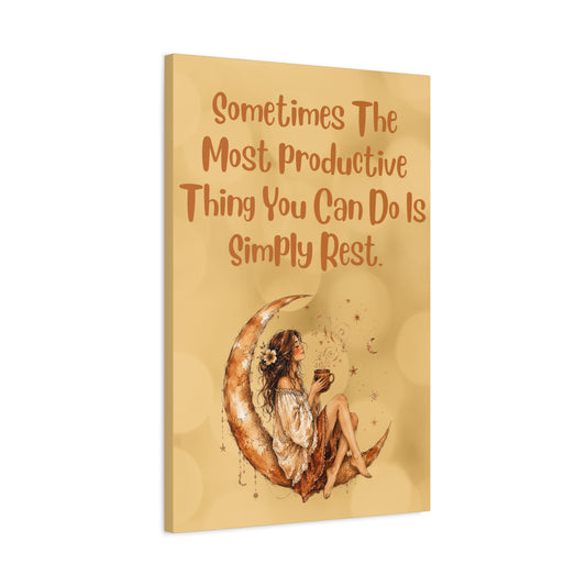 Canvas Wall Art – "Sometimes The Most Productive Thing You Can Do Is Simply Rest" Boho Moon Girl Motivational Print