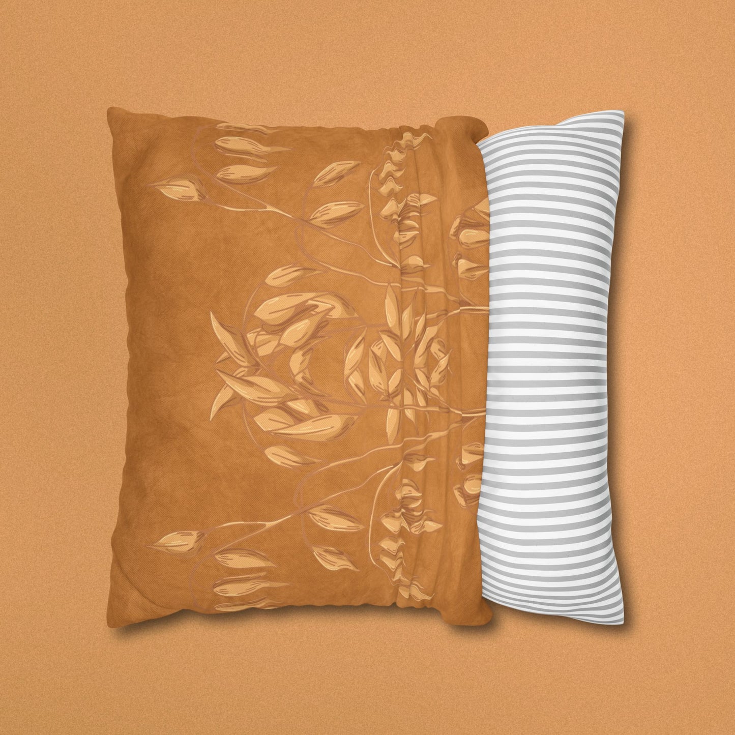 Golden Oat Floral Square Pillowcase — Boho Botanical Decorative Throw Pillow Cover