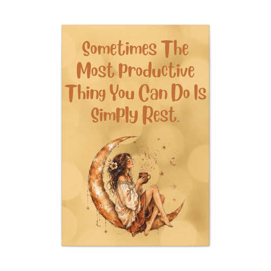 Canvas Wall Art – "Sometimes The Most Productive Thing You Can Do Is Simply Rest" Boho Moon Girl Motivational Print