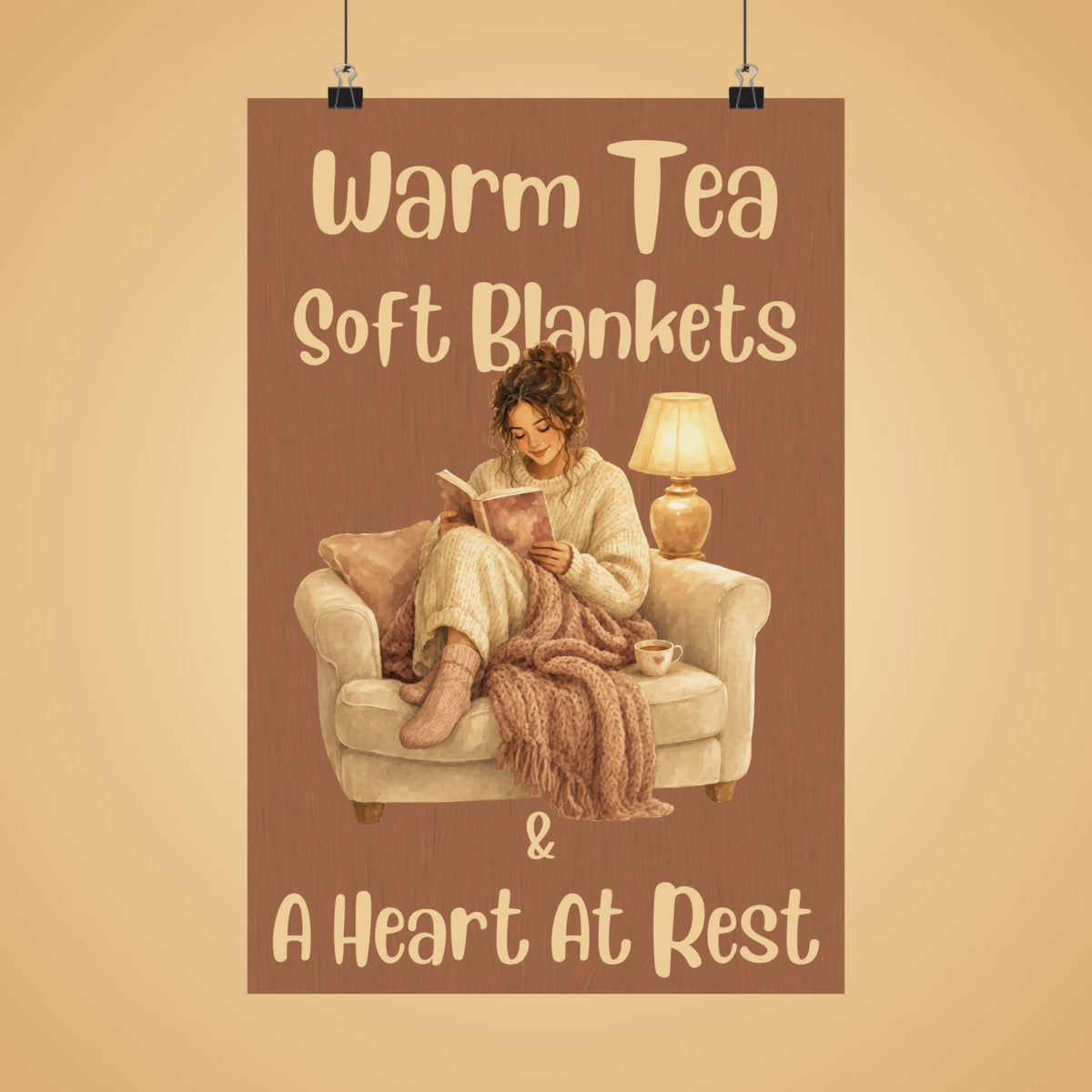 Warm Tea, Soft Blankets & A Heart at Rest Poster — Cozy Reading Room Wall Art