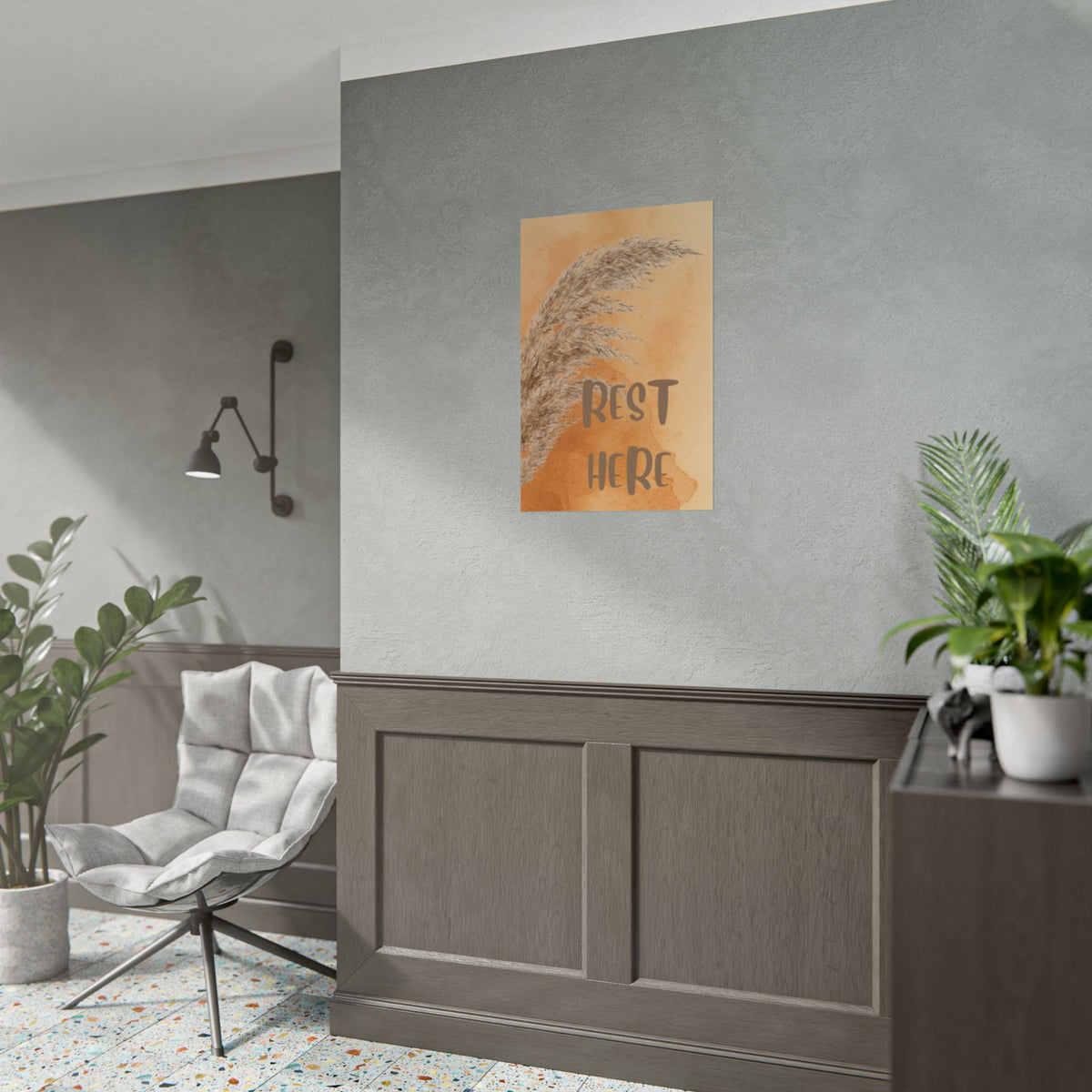 Rest Here Pampas Poster — Neutral Boho Wall Art