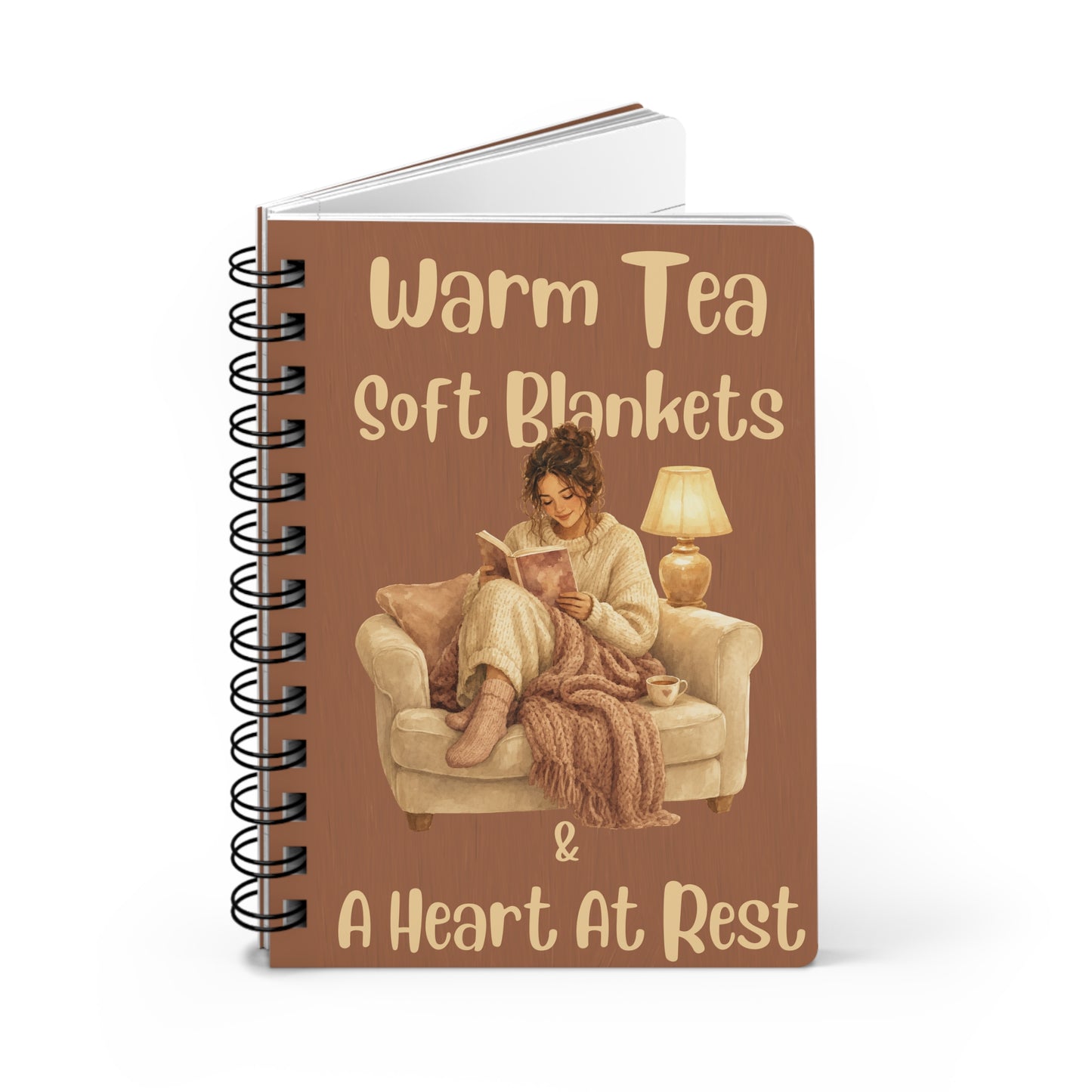 Cozy Evenings Spiral Notebook — "Warm Tea, Soft Blankets & A Heart At Rest" Journal