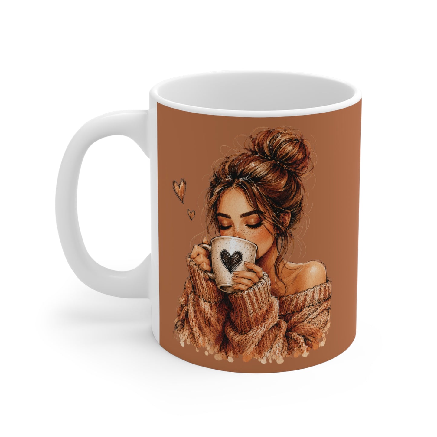 Cozy Latte Woman 11oz Mug — Warm Brown Coffee Cup with Heart Design