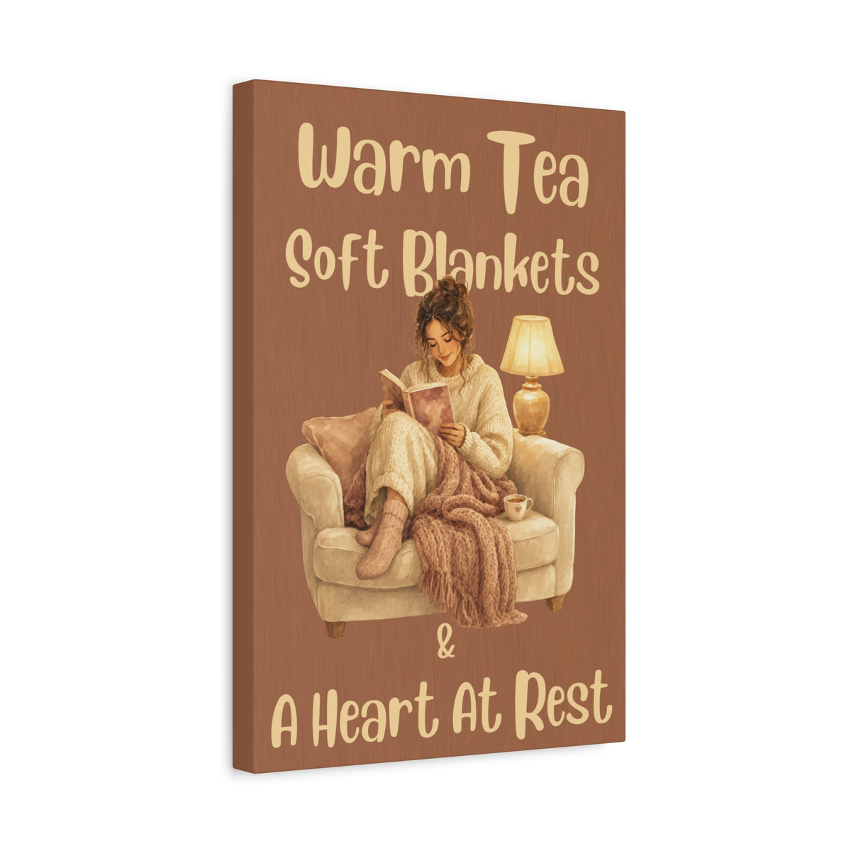 Cozy Reading Canvas Wall Art – "Warm Tea, Soft Blankets & A Heart At Rest" Bedroom Quote Print