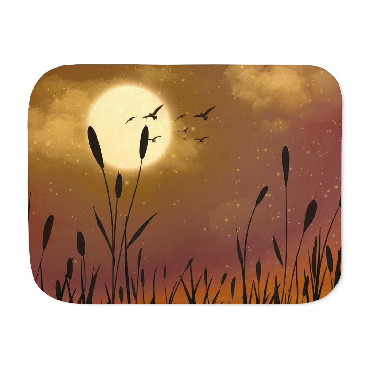 Moonlit Marsh Sherpa Blanket — Cozy Autumn Moon & Reeds Throw