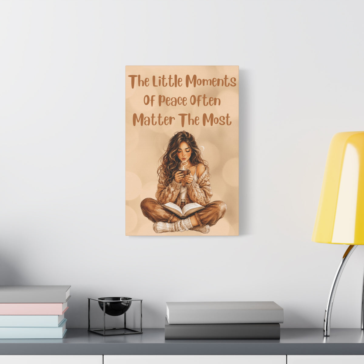 Cozy Reading Girl Canvas Wall Art – "The Little Moments of Peace Often Matter the Most" Bedroom Quote Print