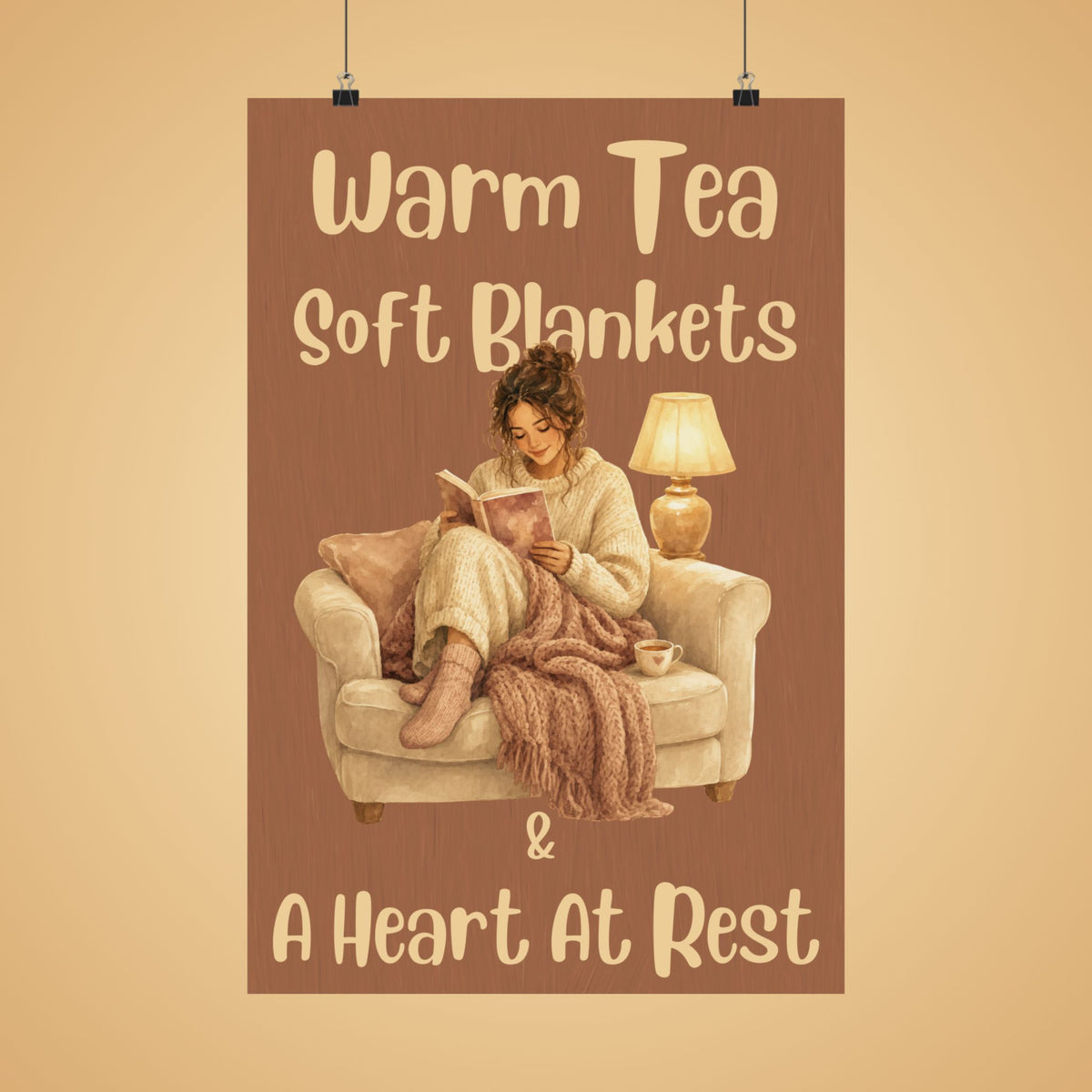 Warm Tea, Soft Blankets & A Heart at Rest Poster — Cozy Reading Room Wall Art