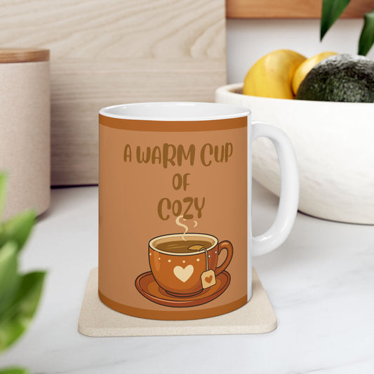 Cute Coffee or Tea Mug  with text: "A Warm Cup Of  Cozy"  (11oz & 15oz)
