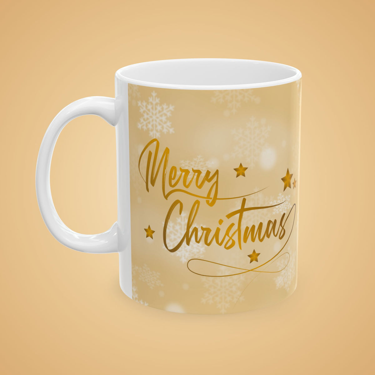 Merry Christmas Gold Ceramic Mug – Festive Holiday Coffee Or Tea Cup (11oz & 15oz)