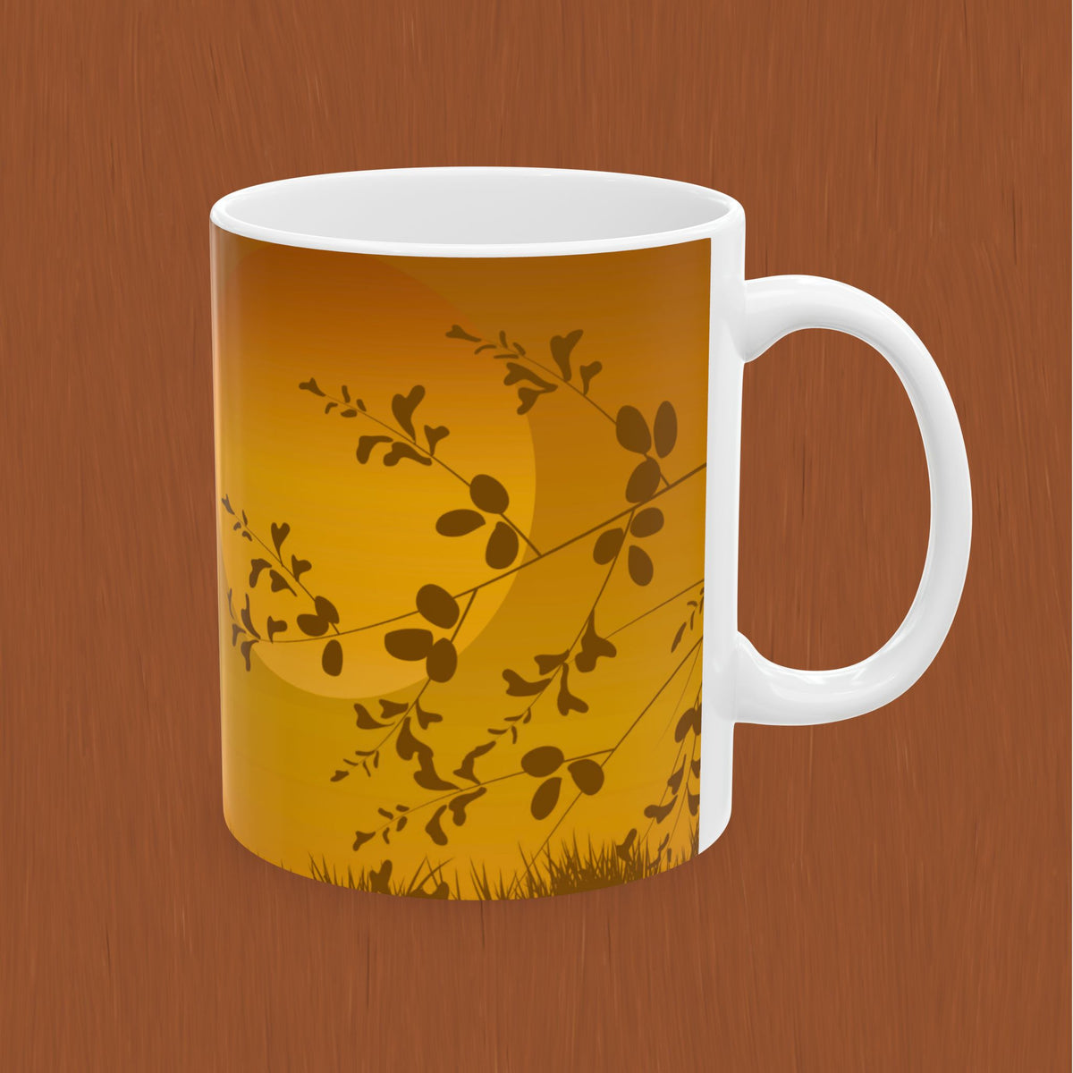 Sunset Meadow Ceramic Tea or Coffee Mug — Golden Sun & Silhouette Floral Design (11oz/15oz)