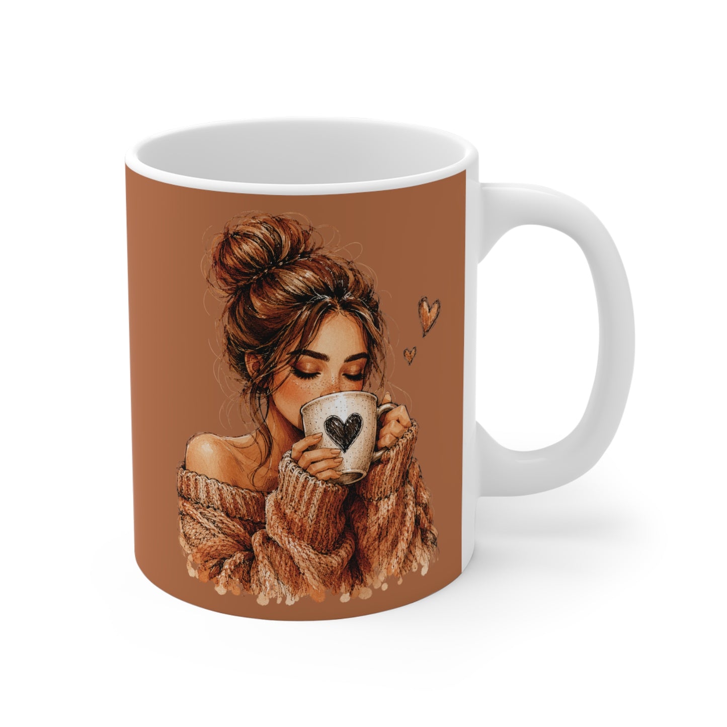 Cozy Latte Woman 11oz Mug — Warm Brown Coffee Cup with Heart Design