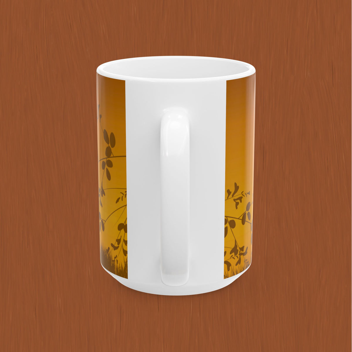 Sunset Meadow Ceramic Tea or Coffee Mug — Golden Sun & Silhouette Floral Design (11oz/15oz)