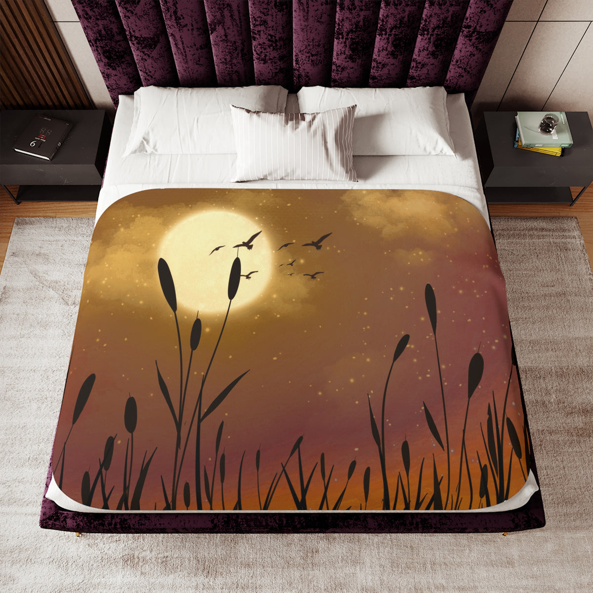 Moonlit Marsh Sherpa Blanket — Cozy Autumn Moon & Reeds Throw