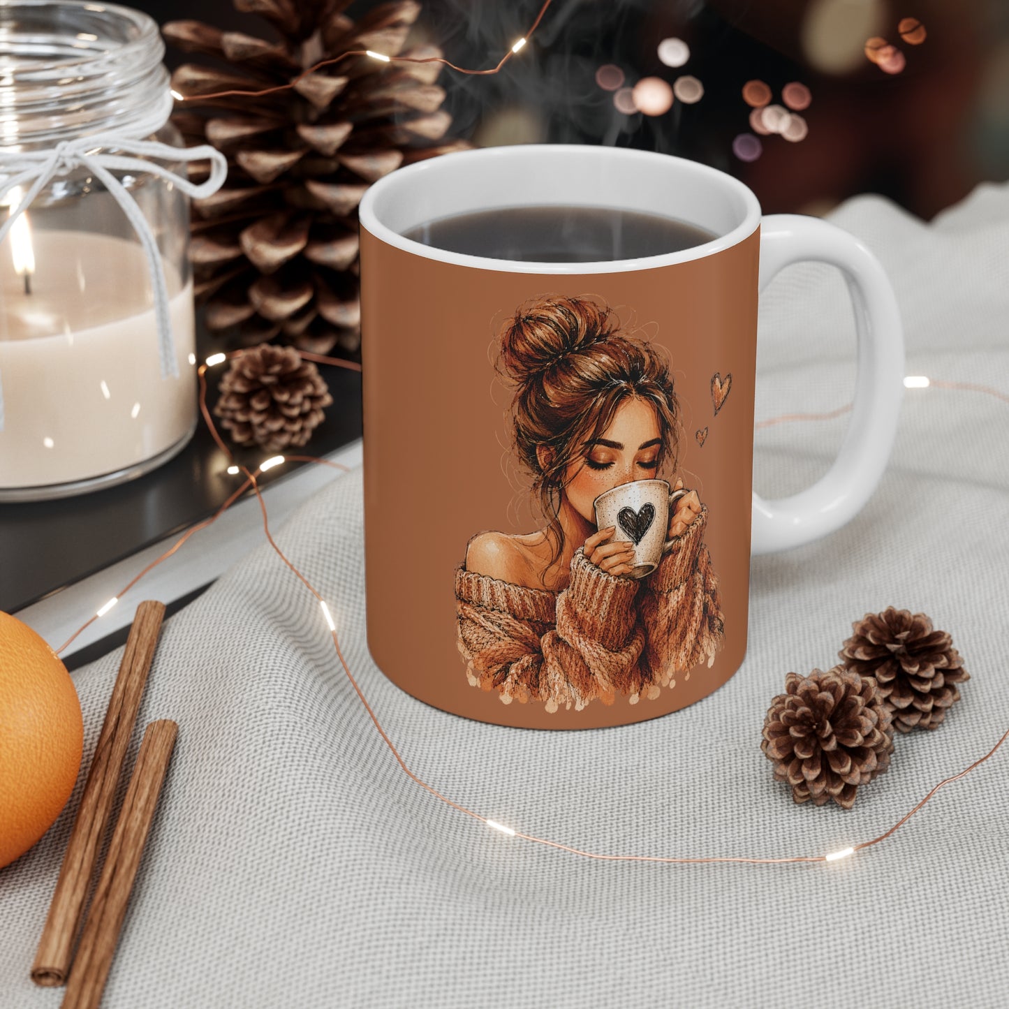 Cozy Latte Woman 11oz Mug — Warm Brown Coffee Cup with Heart Design