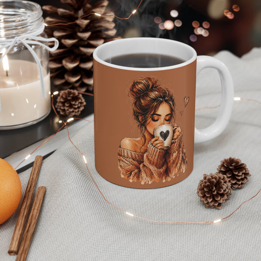 Cozy Latte Woman 11oz Mug — Warm Brown Coffee Cup with Heart Design