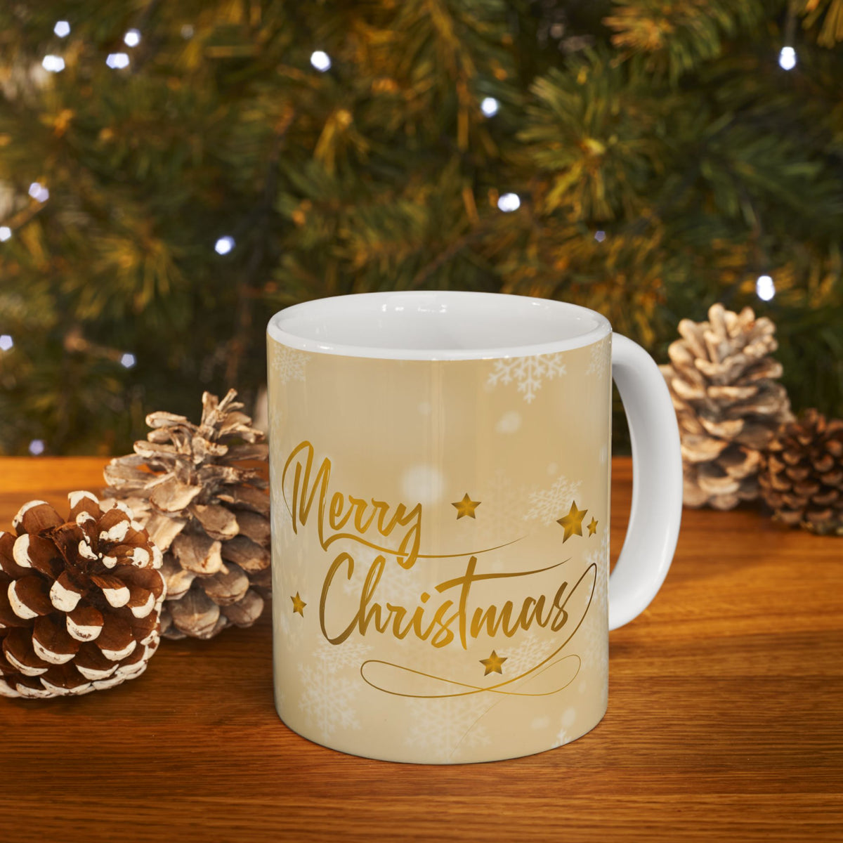 Merry Christmas Gold Ceramic Mug – Festive Holiday Coffee Or Tea Cup (11oz & 15oz)