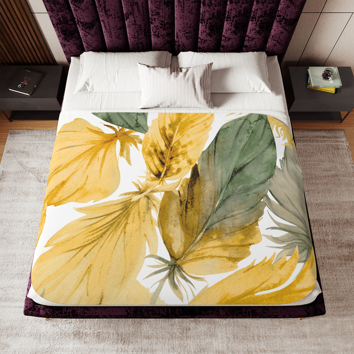 Floral Feather Sherpa Blanket — Golden Leaves Cozy Throw