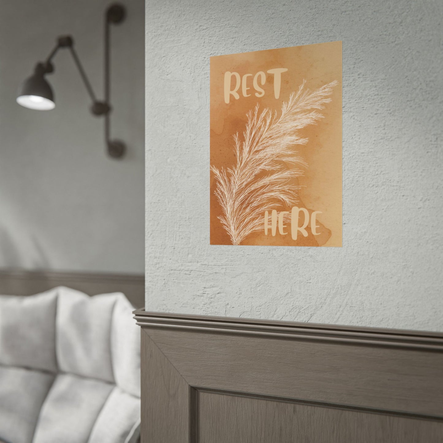 Rest Here Boho Poster — Neutral Pampas Grass Wall Art