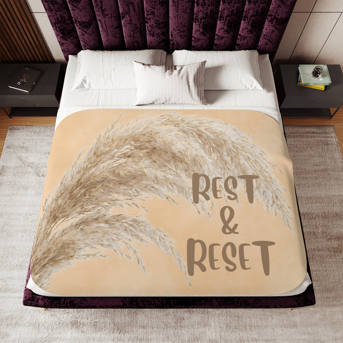 Sherpa Blanket - "Rest & Reset" Neutral Pampas Throw for Cozy Living Room, Bedroom or Self-Care Gift
