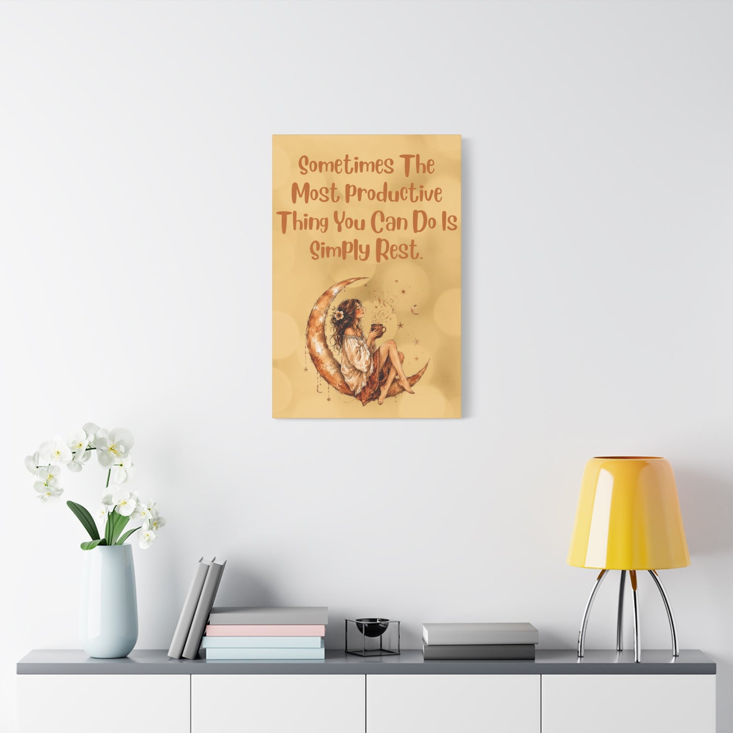 Canvas Wall Art – "Sometimes The Most Productive Thing You Can Do Is Simply Rest" Boho Moon Girl Motivational Print