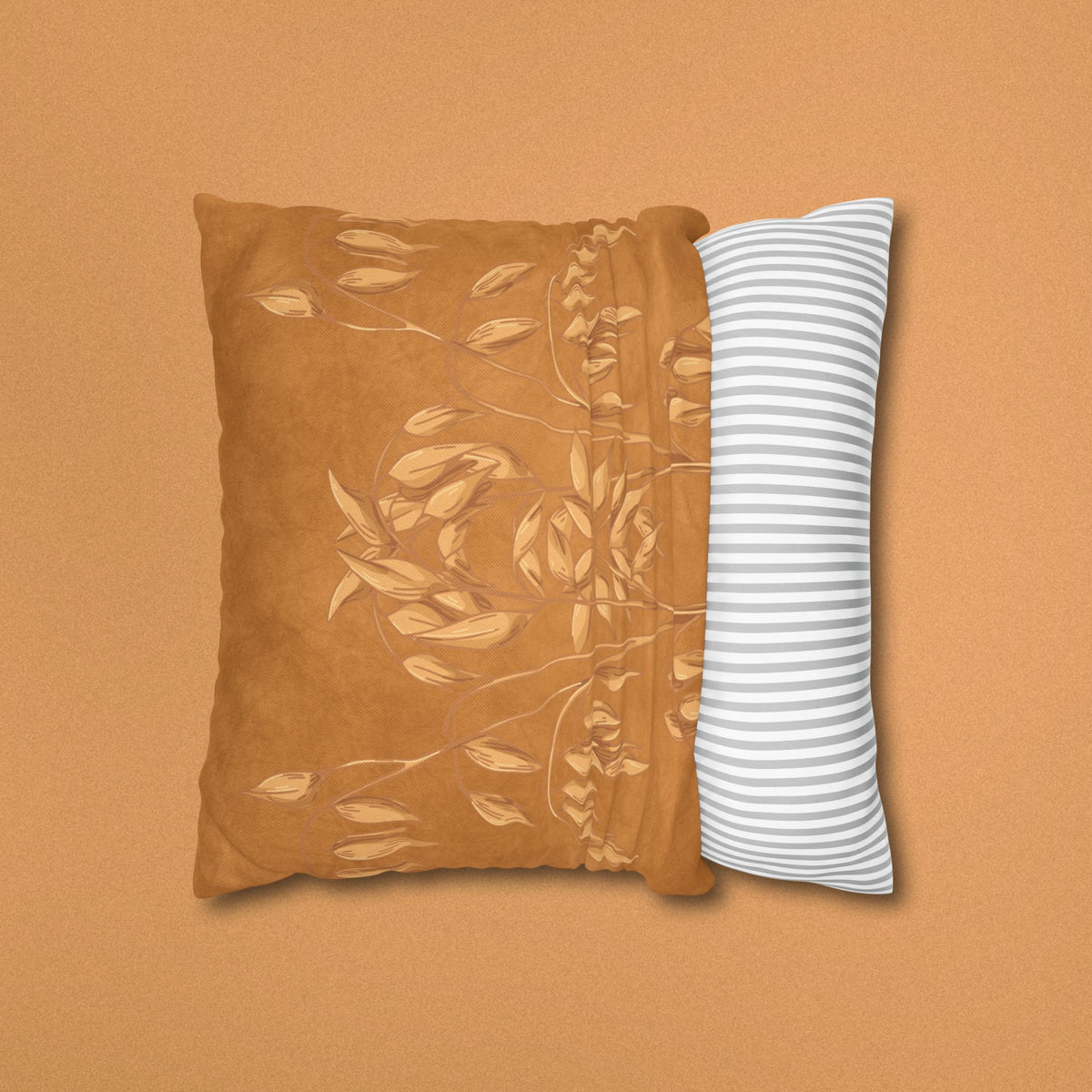 Golden Oat Floral Square Pillowcase — Boho Botanical Decorative Throw Pillow Cover