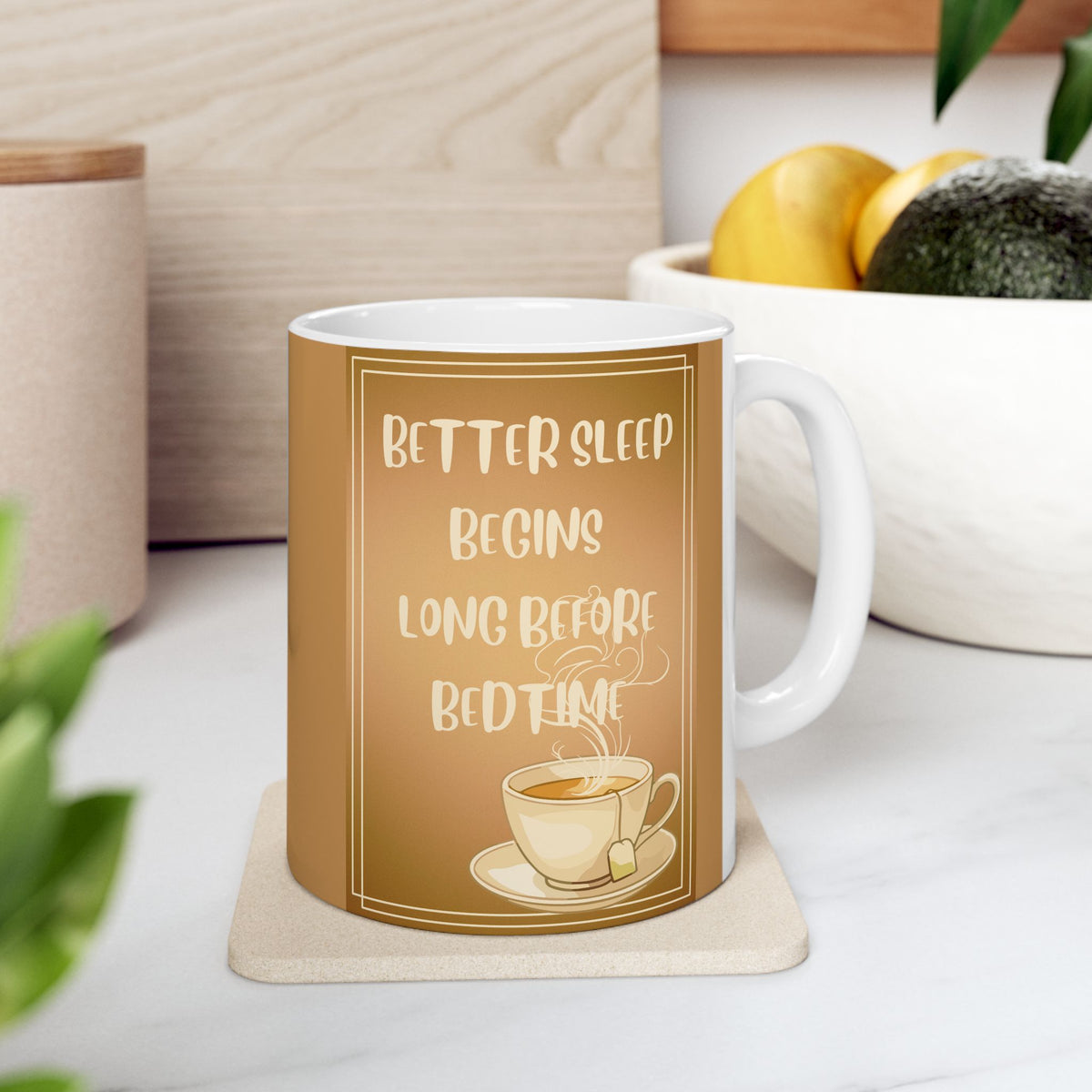 Sleep Quote Ceramic Mug – "Better Sleep Begins Long Before Bedtime" Beige Coffee or Tea Cup (11oz/15oz)
