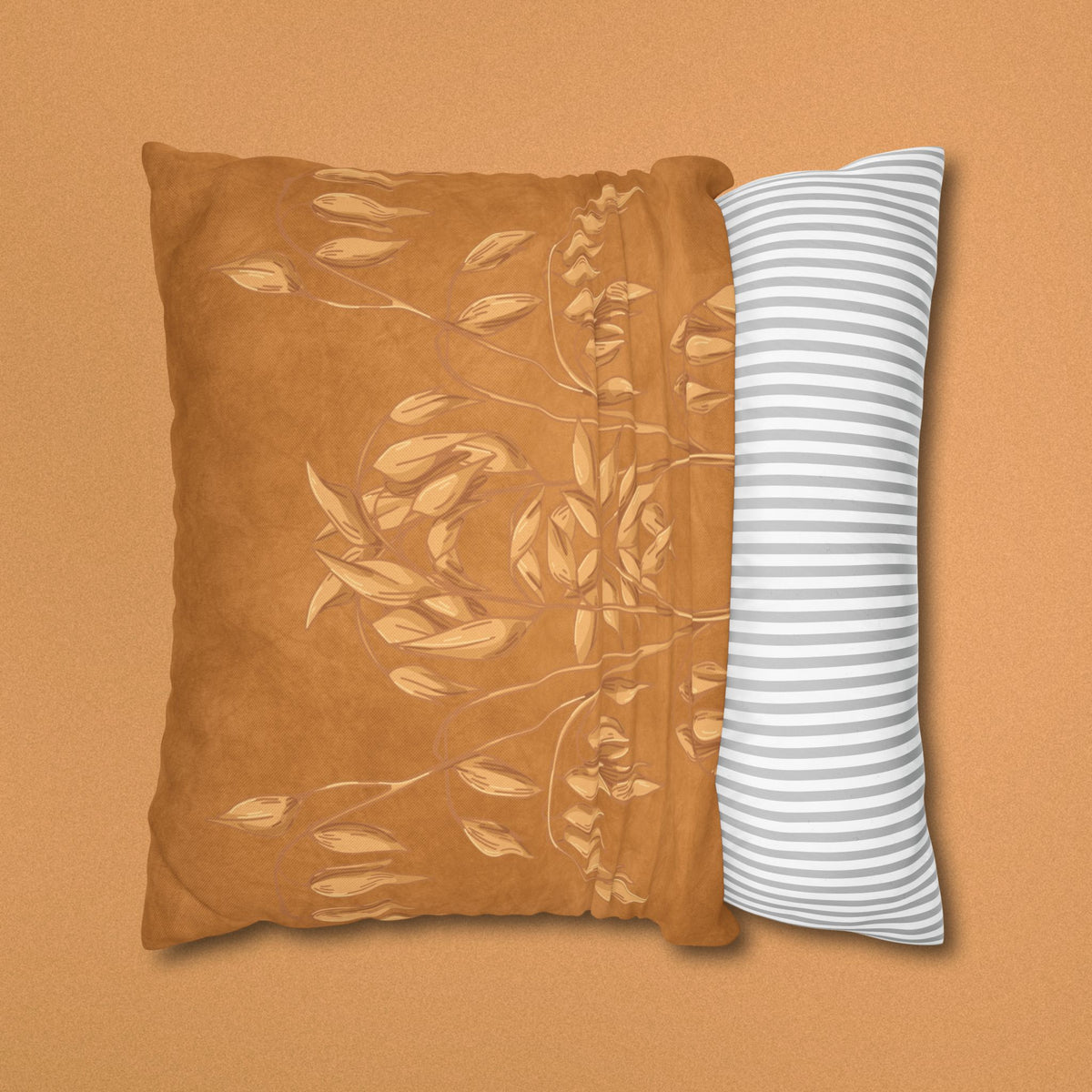 Golden Oat Floral Square Pillowcase — Boho Botanical Decorative Throw Pillow Cover
