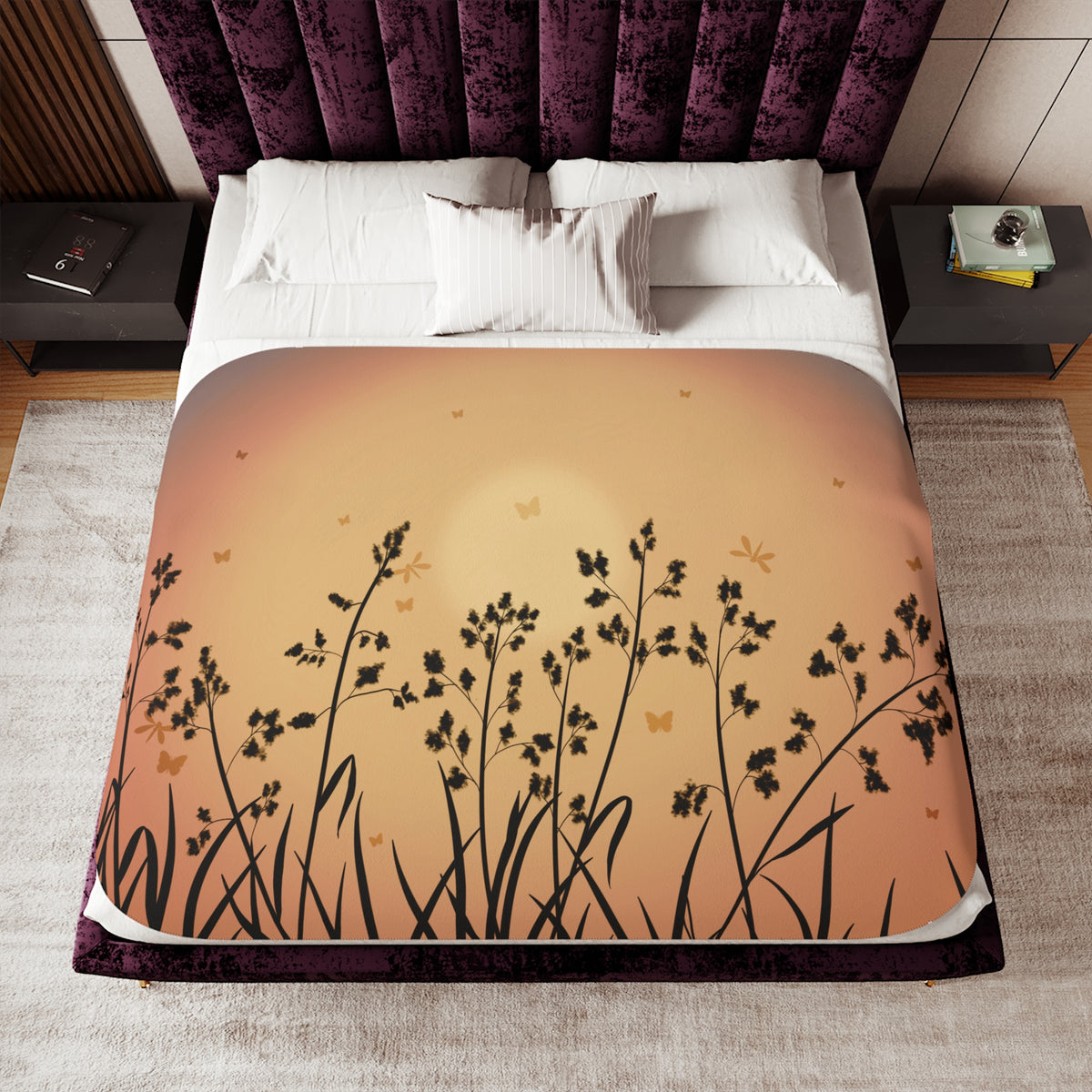 Sunset Meadow Sherpa Blanket — Cozy Floral Silhouette Throw