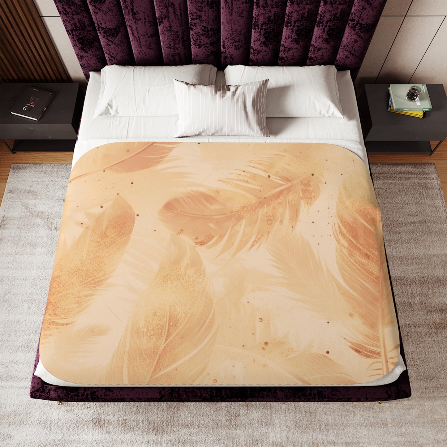 Feather Soft Sherpa Blanket — Cozy Beige Feather Print Throw