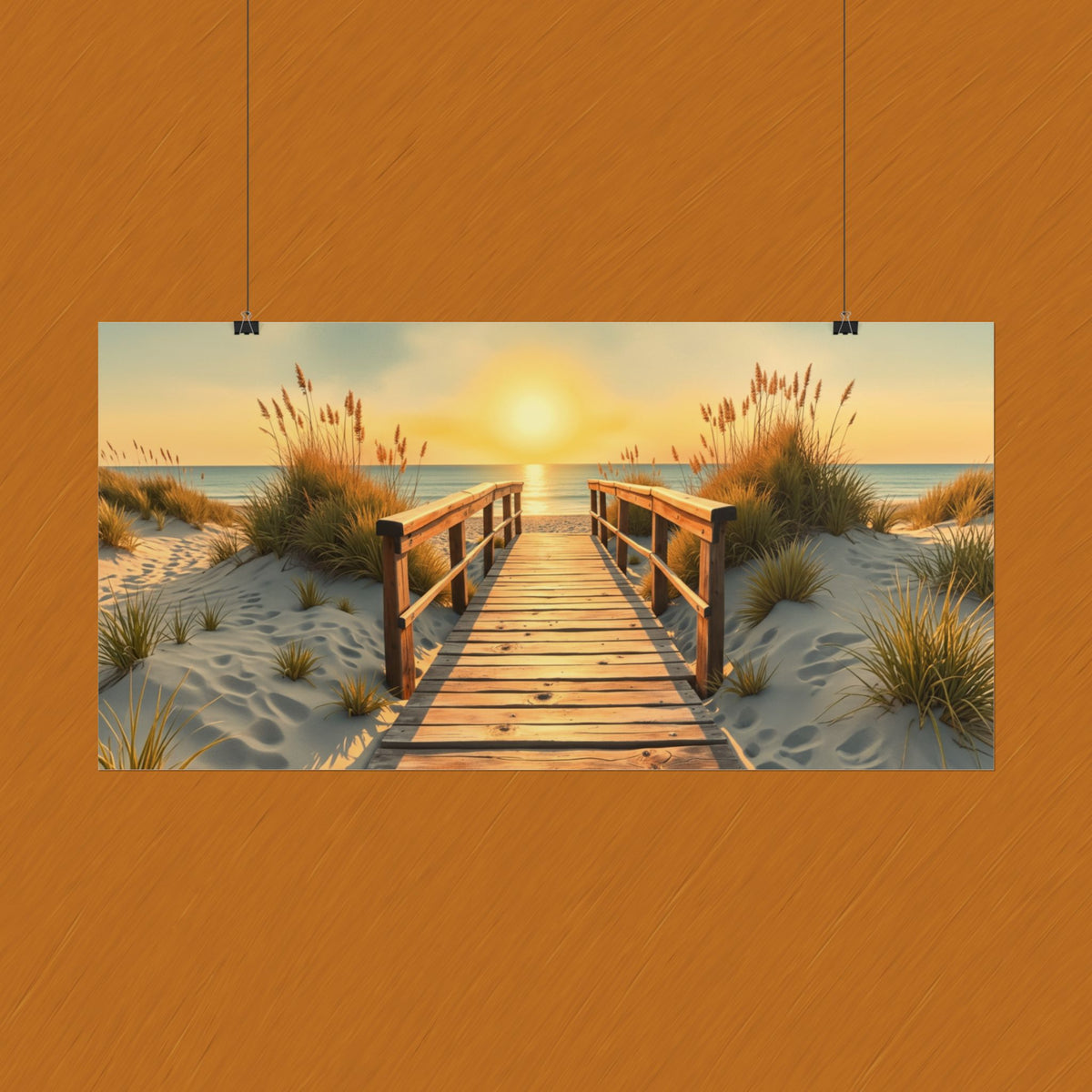 Sunset Beach Boardwalk Rolled Poster — Coastal Wall Art Print