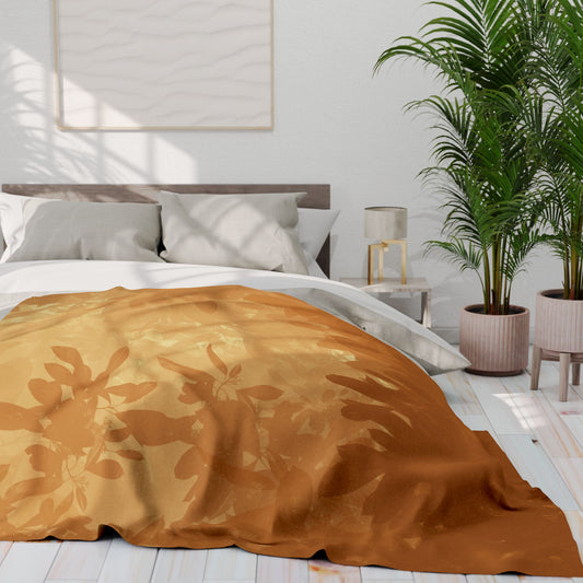 Autumn Glow Fleece Blanket — Warm Golden Leaf Silhouette Throw