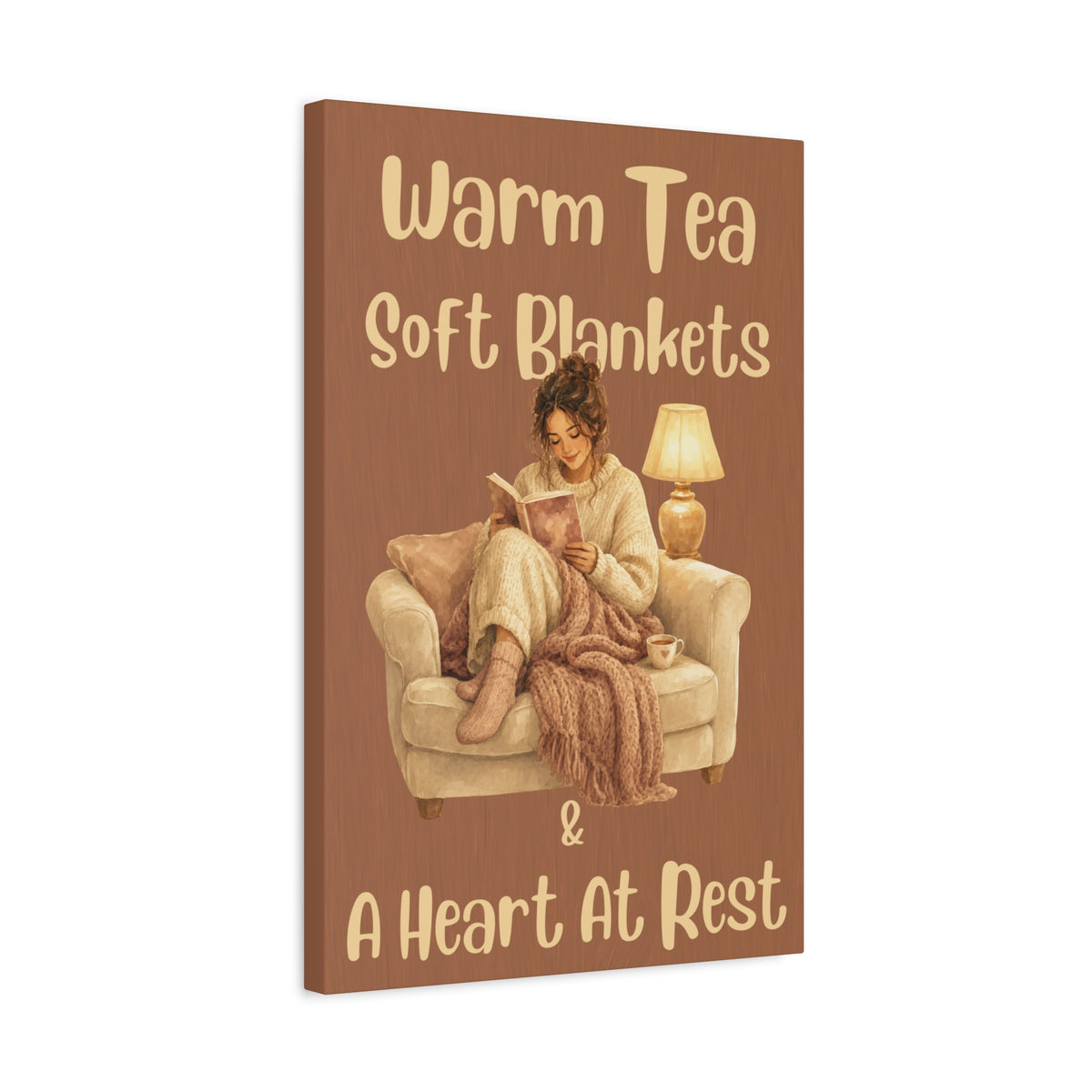 Cozy Reading Canvas Wall Art – "Warm Tea, Soft Blankets & A Heart At Rest" Bedroom Quote Print