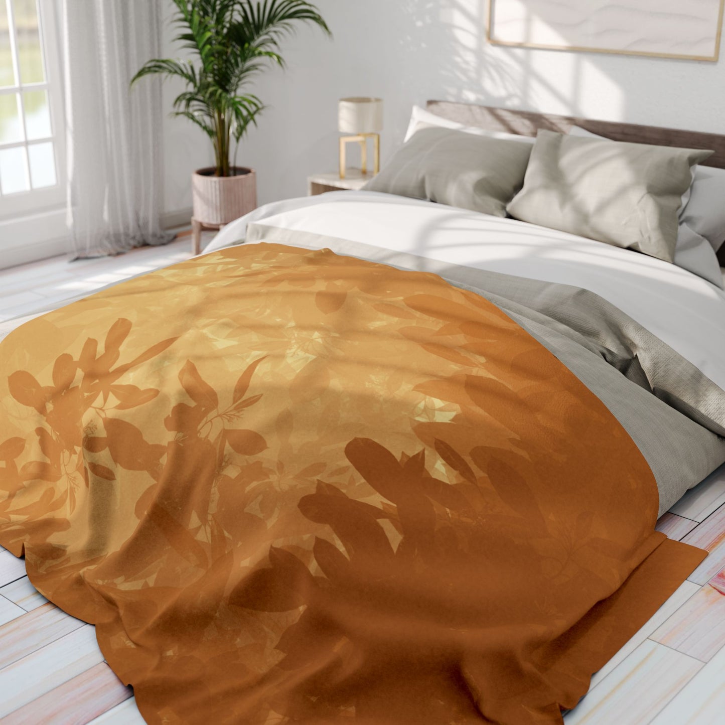 Autumn Glow Fleece Blanket — Warm Golden Leaf Silhouette Throw