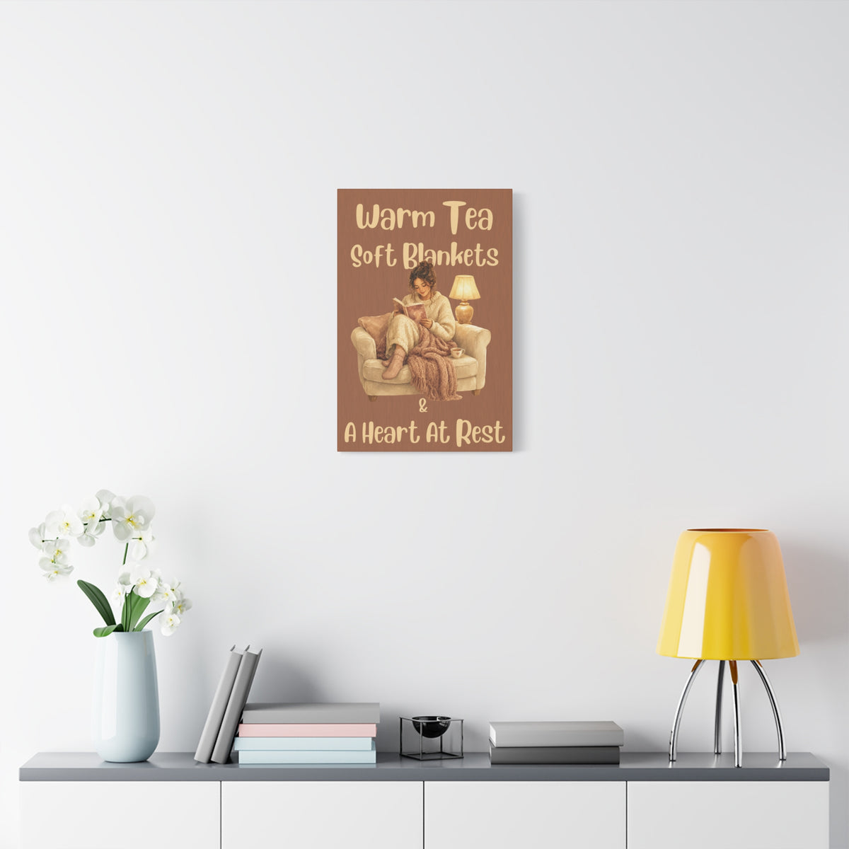 Cozy Reading Canvas Wall Art – "Warm Tea, Soft Blankets & A Heart At Rest" Bedroom Quote Print