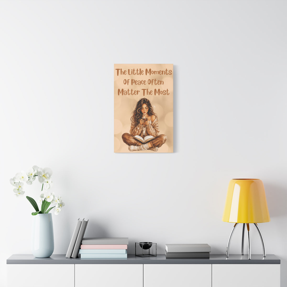 Cozy Reading Girl Canvas Wall Art – "The Little Moments of Peace Often Matter the Most" Bedroom Quote Print