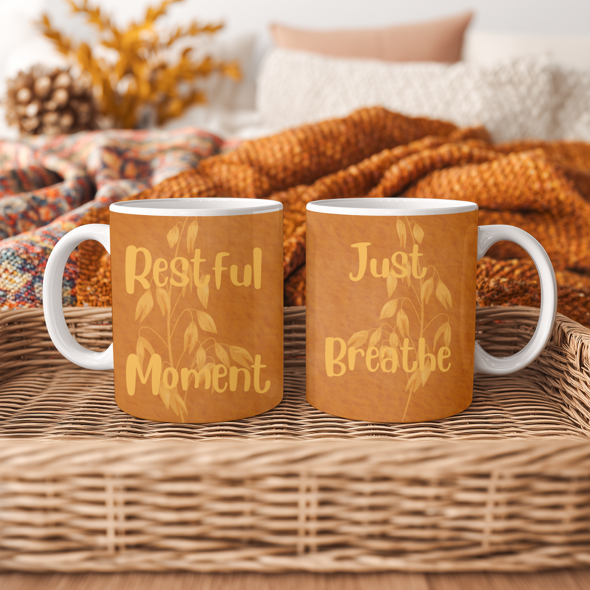Autumn Ceramic Mug – "Restful Moments" Inspirational Coffee or Tea Cup Warm Brown (11oz/15oz)