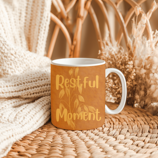 Autumn Ceramic Mug – "Restful Moments" Inspirational Coffee or Tea Cup Warm Brown (11oz/15oz)