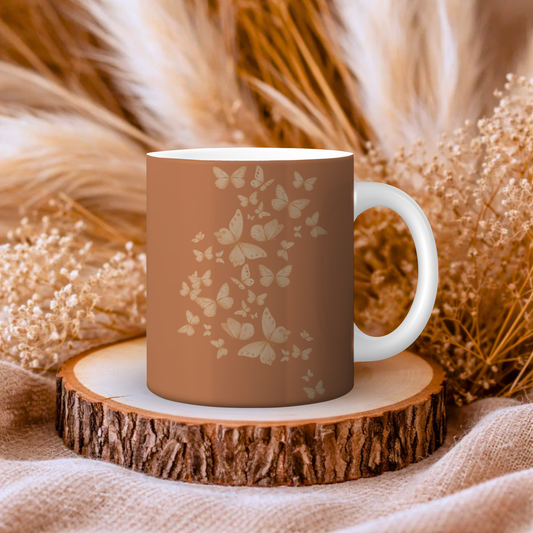 Butterfly Pattern Ceramic Mug – Earth tone Brown Minimalist Tea or Coffee Mug (11oz, 15oz)