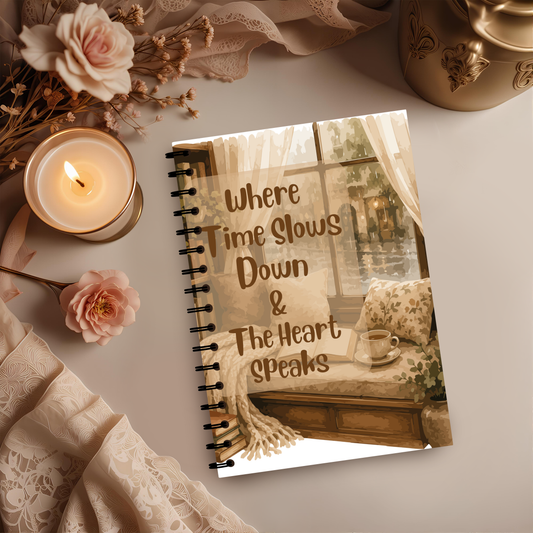 Cozy Spiral Journal Notebook – "Where Time Slows Down & The Heart Speaks" Journaling Gift