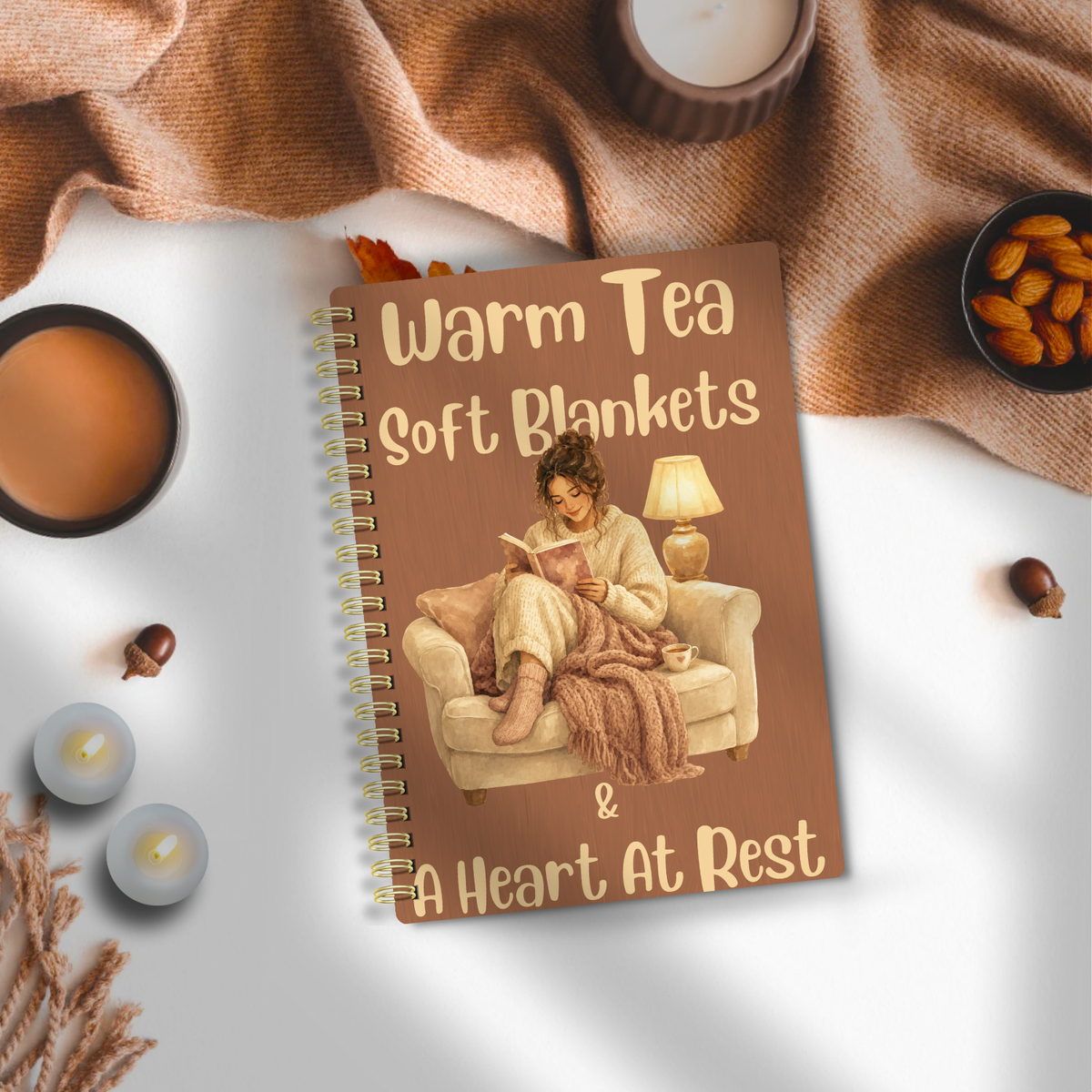 Cozy Evenings Spiral Journal – "Warm Tea, Soft Blankets & A Heart At Rest" Inspirational Notebook Gift