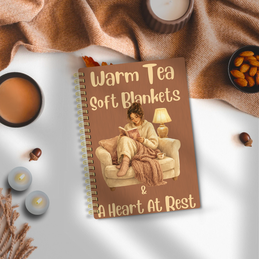 Cozy Evenings Spiral Journal – "Warm Tea, Soft Blankets & A Heart At Rest" Inspirational Notebook Gift